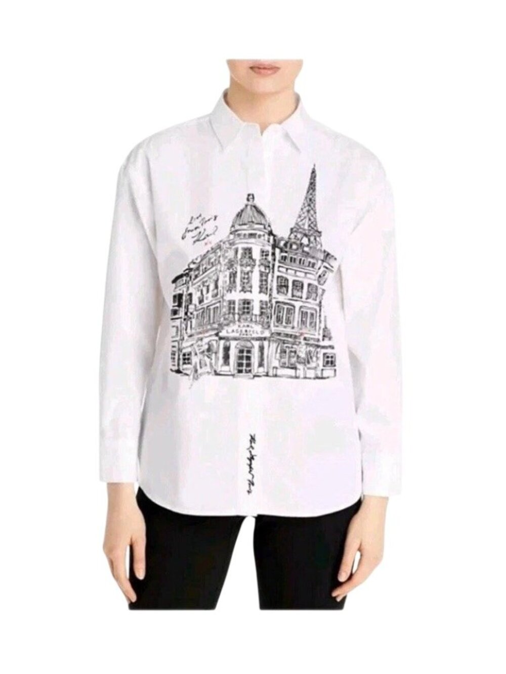 Karl Lagerfeld Paris Womens Large Soft White Paris Landscape Shirt Button Down